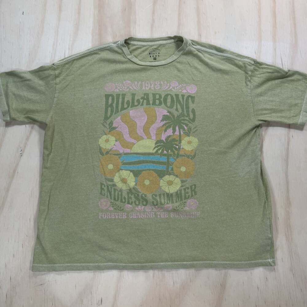 VTG BILLABONG Green Oversized Graphic T-Shirt Mens Sm Cropped Surfing Beach 90s
